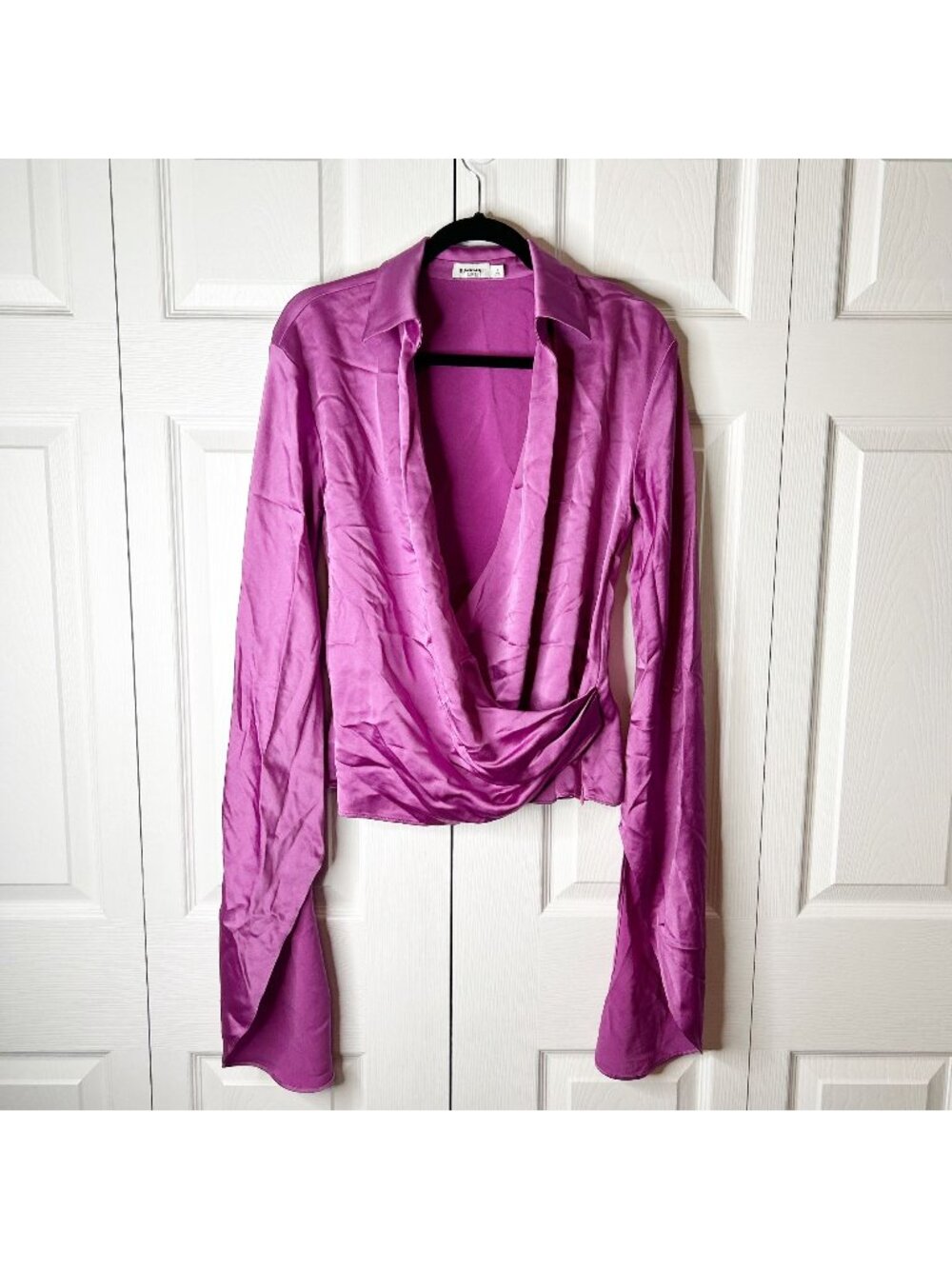 SIMKHAI Paradisa Purple Satin Long Sleeve Wrap Top Women's Size 2